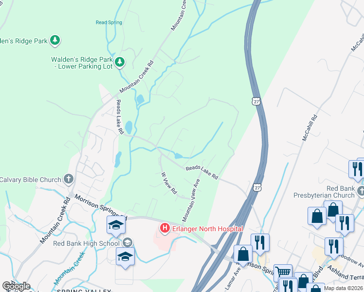 map of restaurants, bars, coffee shops, grocery stores, and more near 604 Spring Lake Court in Chattanooga