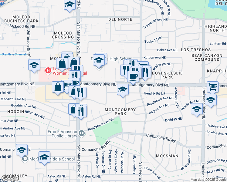 map of restaurants, bars, coffee shops, grocery stores, and more near 5400 Montgomery Boulevard Northeast in Albuquerque