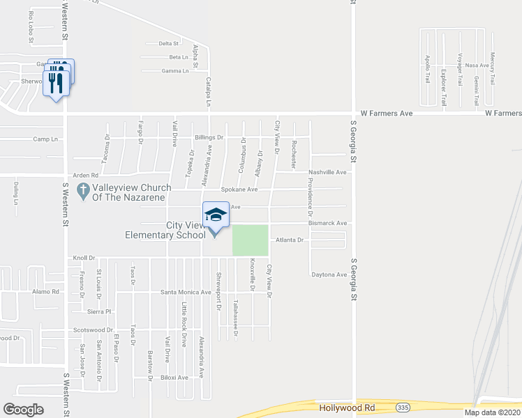map of restaurants, bars, coffee shops, grocery stores, and more near 3105 Portland Avenue in Amarillo