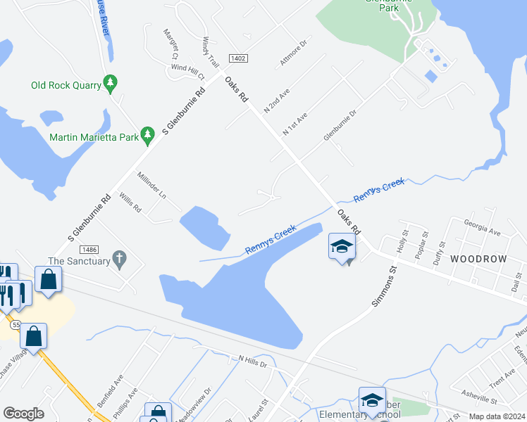 map of restaurants, bars, coffee shops, grocery stores, and more near 209 Trappers Trail in New Bern