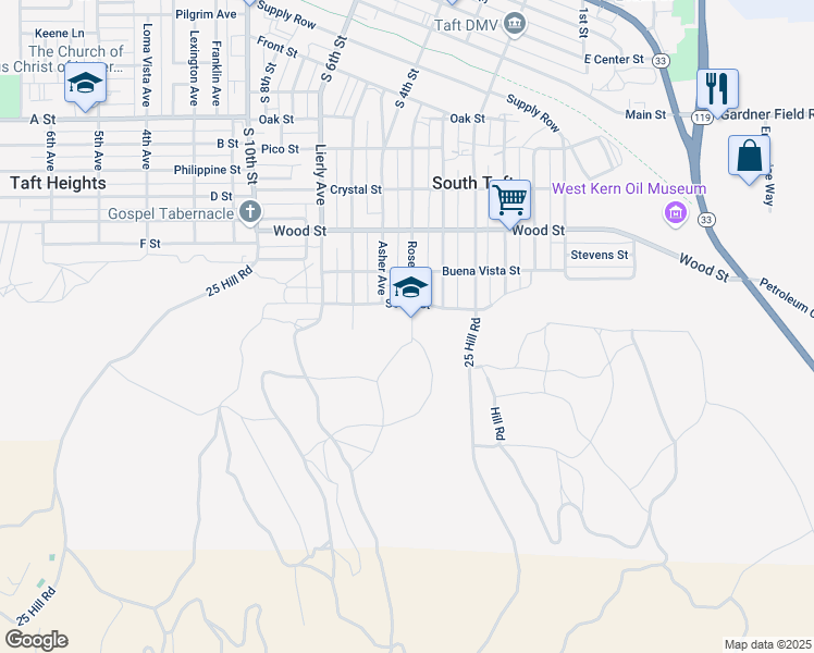 map of restaurants, bars, coffee shops, grocery stores, and more near 623 Rose Avenue in Taft