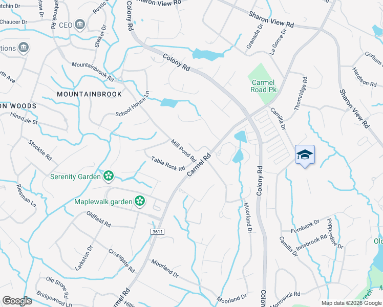 map of restaurants, bars, coffee shops, grocery stores, and more near 3645 Mill Pond Road in Charlotte