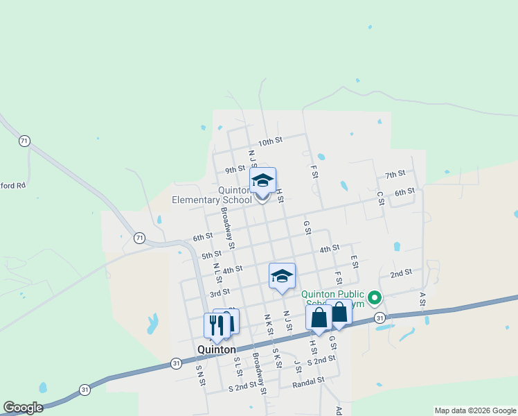 map of restaurants, bars, coffee shops, grocery stores, and more near 615 North J Street in Quinton