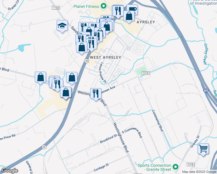 map of restaurants, bars, coffee shops, grocery stores, and more near 9330 Lenox Pointe Drive in Charlotte
