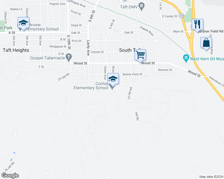 map of restaurants, bars, coffee shops, grocery stores, and more near 623 Rose Avenue in Taft