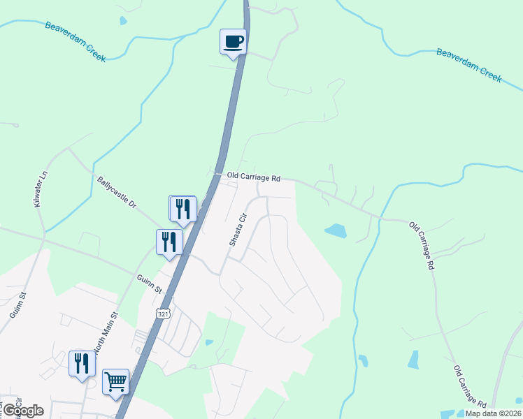 map of restaurants, bars, coffee shops, grocery stores, and more near 5014 Meanna Drive in Clover