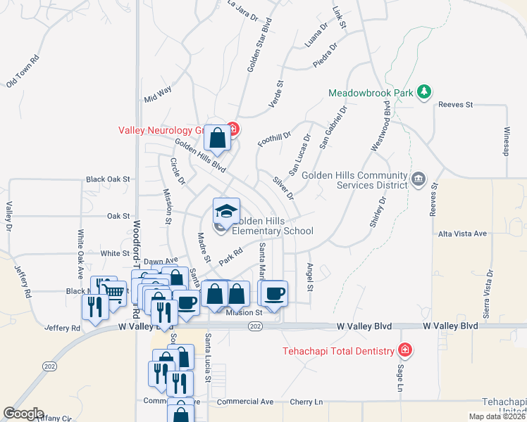 map of restaurants, bars, coffee shops, grocery stores, and more near 21350 Golden Hills Boulevard in Tehachapi