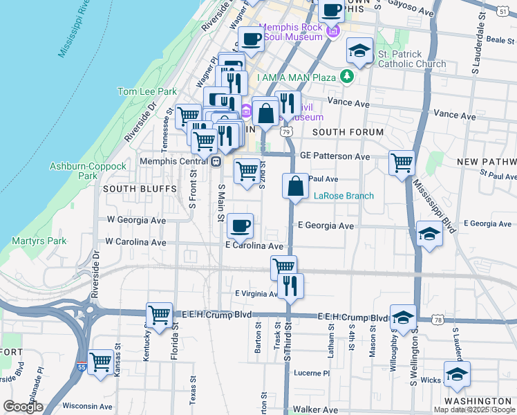 map of restaurants, bars, coffee shops, grocery stores, and more near 167 Webster Avenue in Memphis