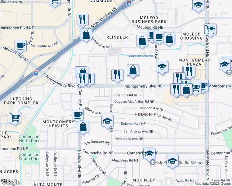 map of restaurants, bars, coffee shops, grocery stores, and more near 4013 Hendrix Road Northeast in Albuquerque