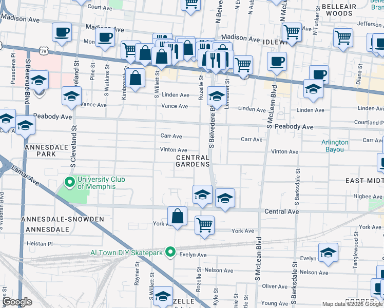 map of restaurants, bars, coffee shops, grocery stores, and more near 1629 Vinton Avenue in Memphis