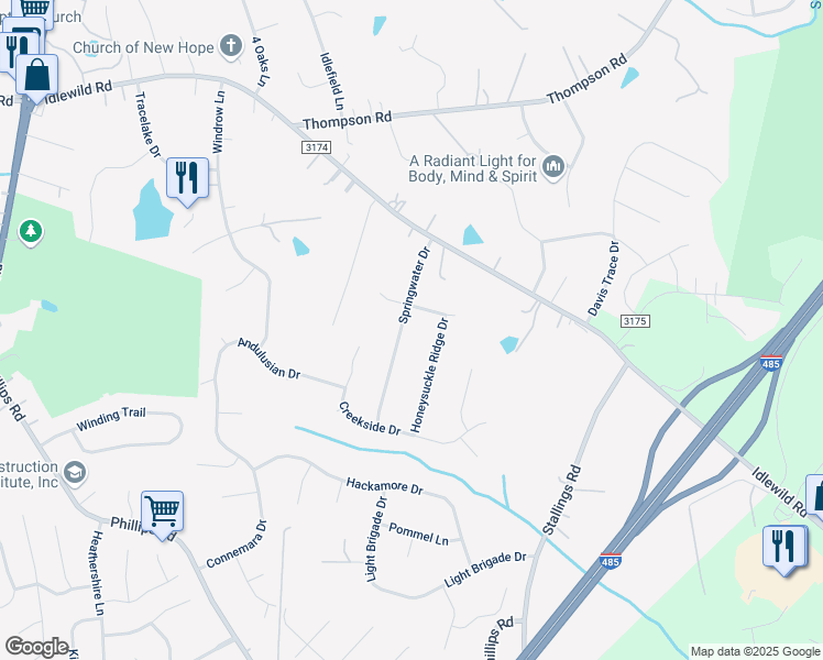 map of restaurants, bars, coffee shops, grocery stores, and more near 14216 Springwater Drive in Matthews
