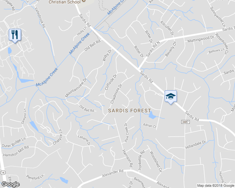 map of restaurants, bars, coffee shops, grocery stores, and more near 313 Chadmore Drive in Charlotte