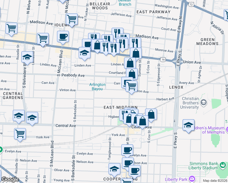 map of restaurants, bars, coffee shops, grocery stores, and more near 2077 Vinton Avenue in Memphis