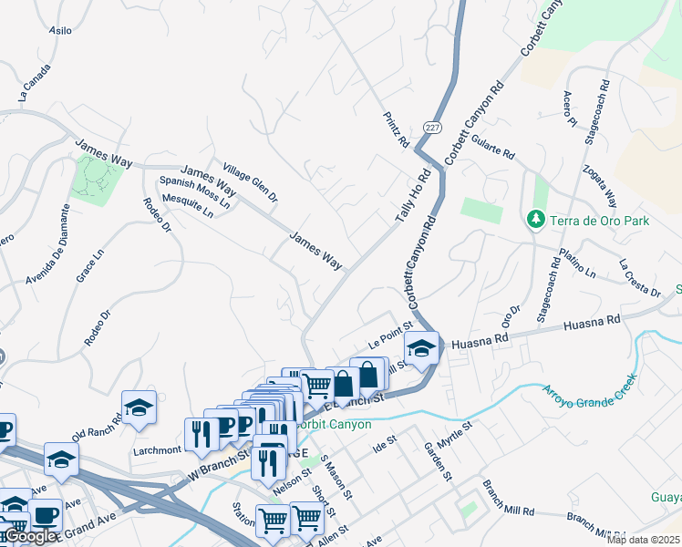 map of restaurants, bars, coffee shops, grocery stores, and more near 225 Tally Ho Road in Arroyo Grande
