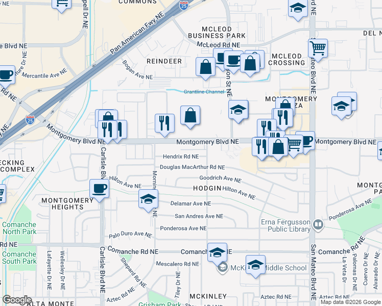 map of restaurants, bars, coffee shops, grocery stores, and more near 4309 Hendrix Road Northeast in Albuquerque