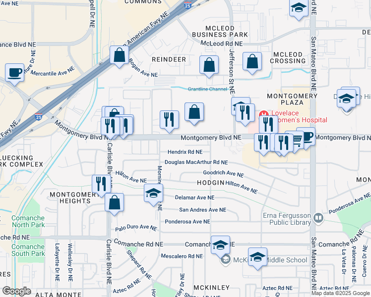 map of restaurants, bars, coffee shops, grocery stores, and more near 4201 Hendrix Road Northeast in Albuquerque