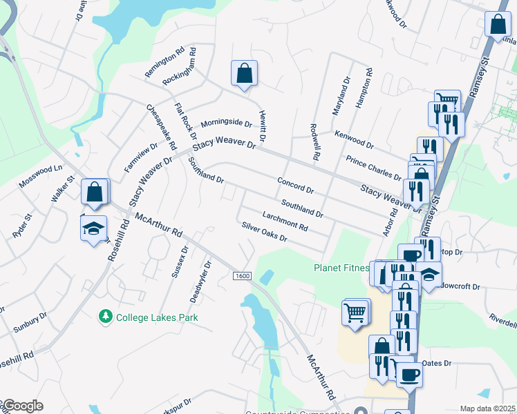map of restaurants, bars, coffee shops, grocery stores, and more near 412 Larchmont Road in Fayetteville