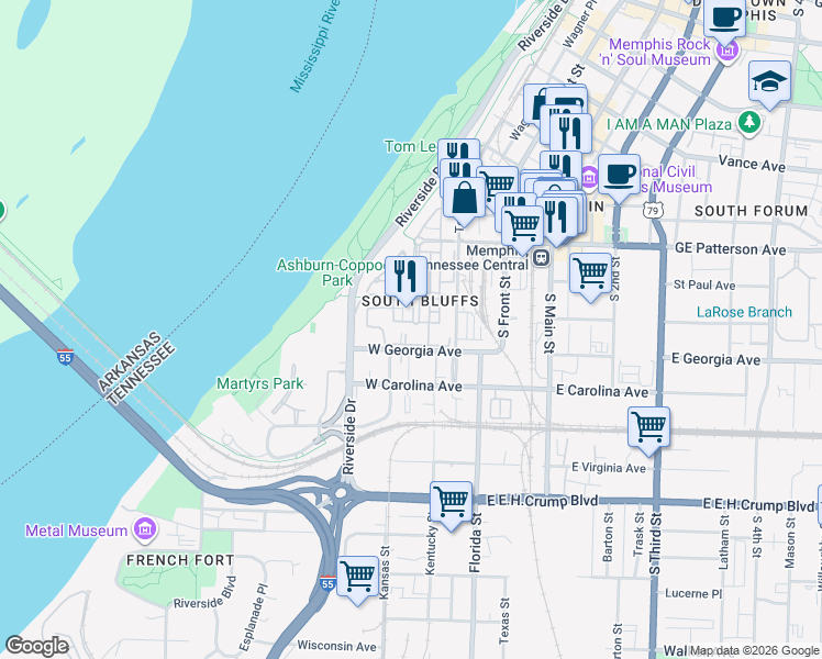 map of restaurants, bars, coffee shops, grocery stores, and more near 622 Charleston Court in Memphis