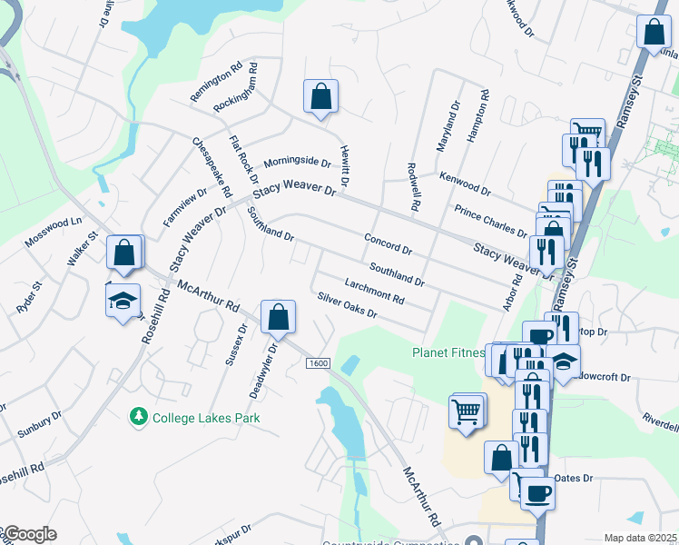 map of restaurants, bars, coffee shops, grocery stores, and more near 412 Larchmont Road in Fayetteville