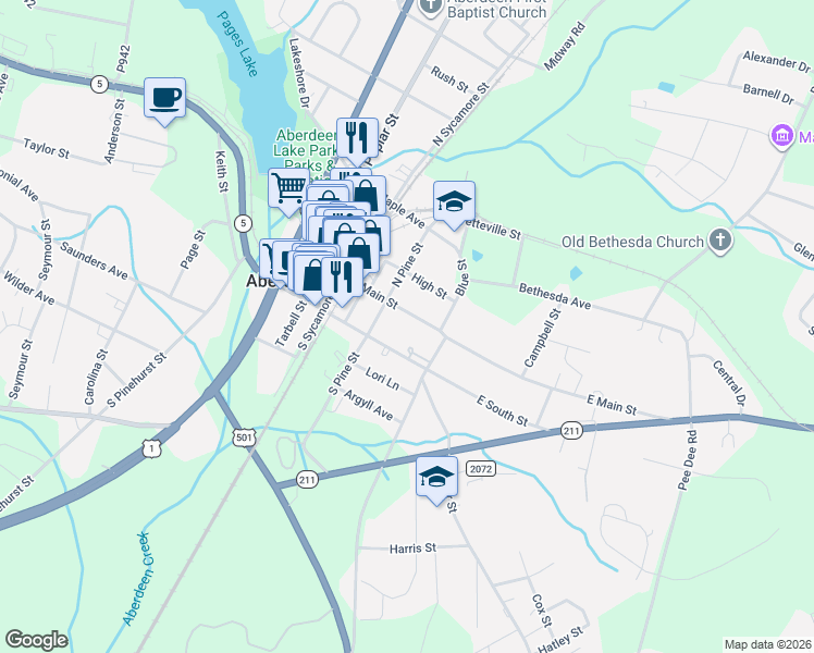 map of restaurants, bars, coffee shops, grocery stores, and more near 310 East Main Street in Aberdeen