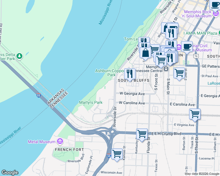 map of restaurants, bars, coffee shops, grocery stores, and more near in Memphis
