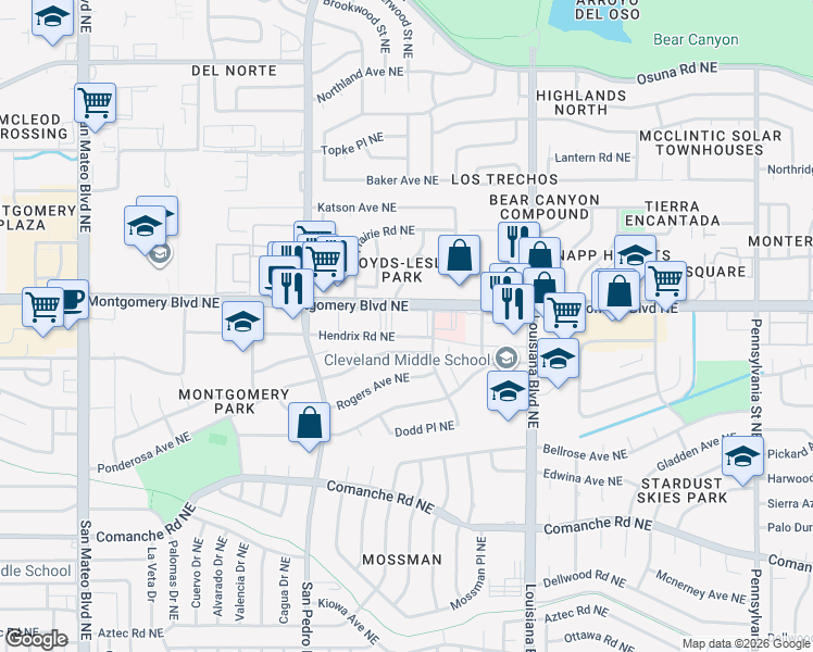 map of restaurants, bars, coffee shops, grocery stores, and more near 6500 Montgomery Boulevard Northeast in Albuquerque