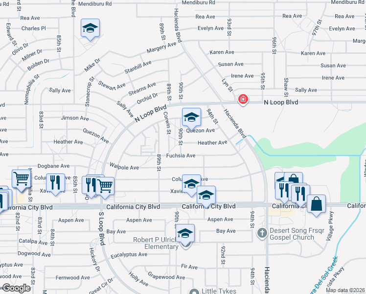 map of restaurants, bars, coffee shops, grocery stores, and more near 9010 Heather Avenue in California City