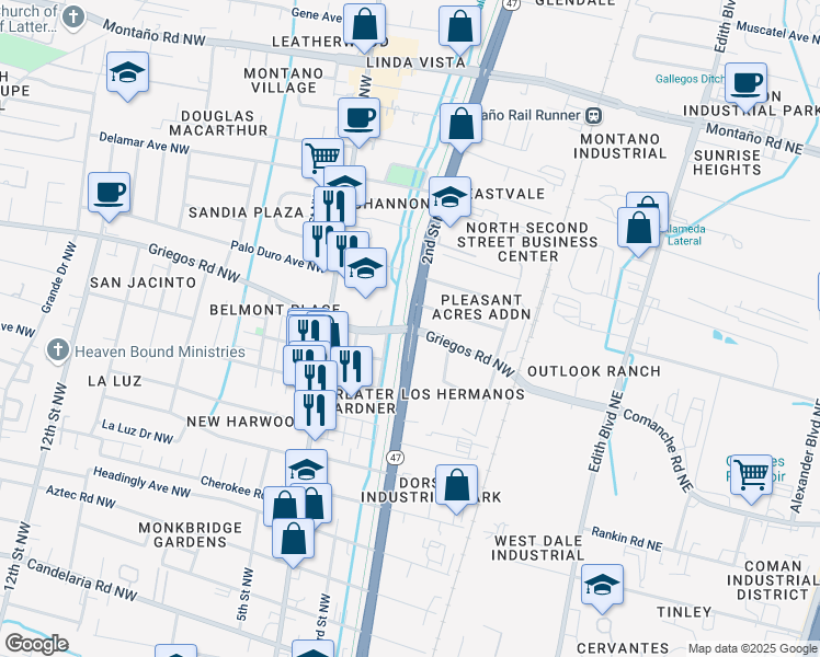 map of restaurants, bars, coffee shops, grocery stores, and more near 2nd St NW & Griegos Rd NW in Albuquerque