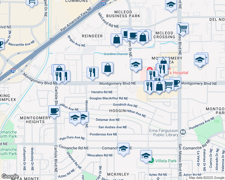 map of restaurants, bars, coffee shops, grocery stores, and more near 4309 Hendrix Avenue Northeast in Albuquerque