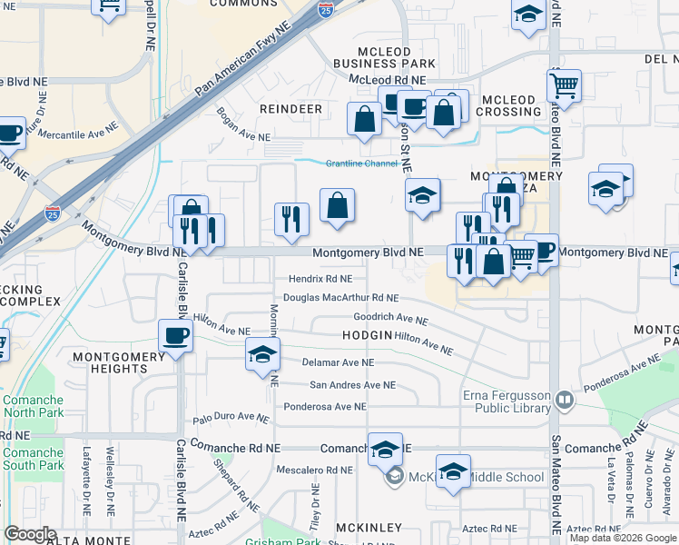 map of restaurants, bars, coffee shops, grocery stores, and more near 4309 Hendrix Road Northeast in Albuquerque