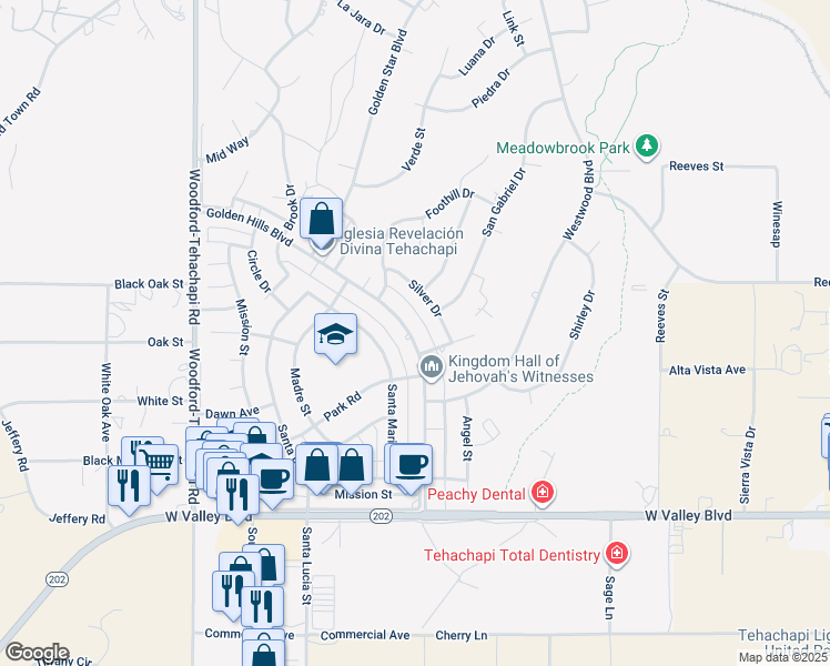 map of restaurants, bars, coffee shops, grocery stores, and more near 21350 Golden Hills Boulevard in Tehachapi
