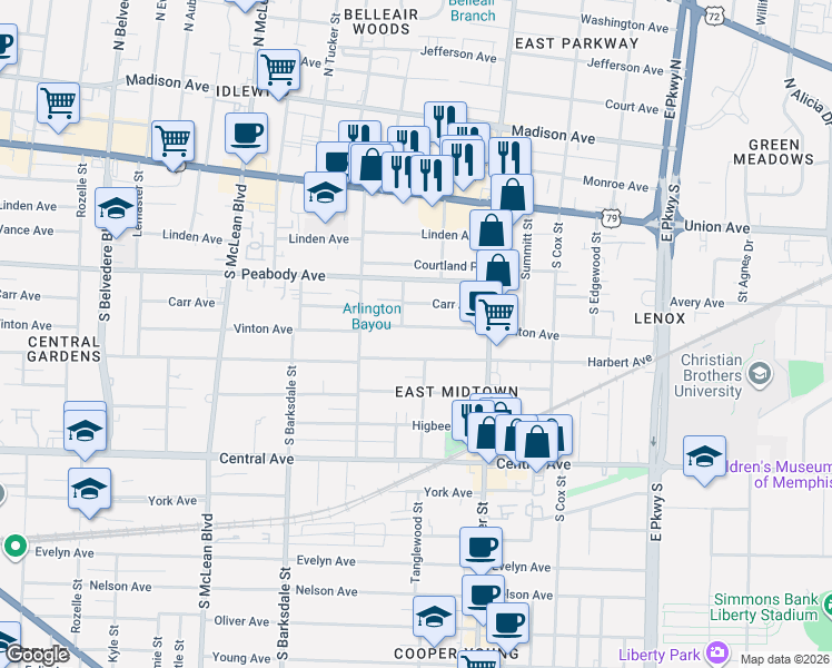 map of restaurants, bars, coffee shops, grocery stores, and more near 2031 Vinton Avenue in Memphis
