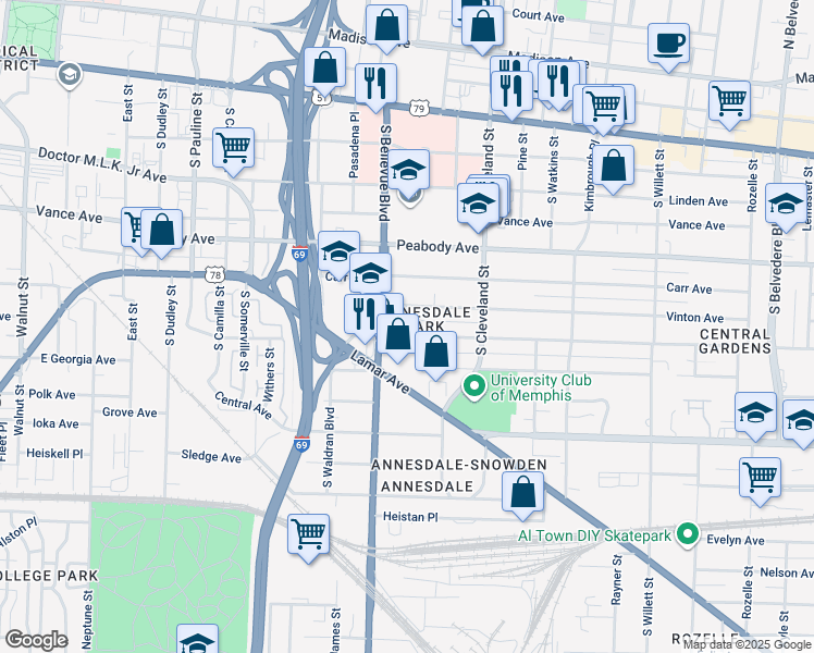 map of restaurants, bars, coffee shops, grocery stores, and more near 1264 Harbert Avenue in Memphis