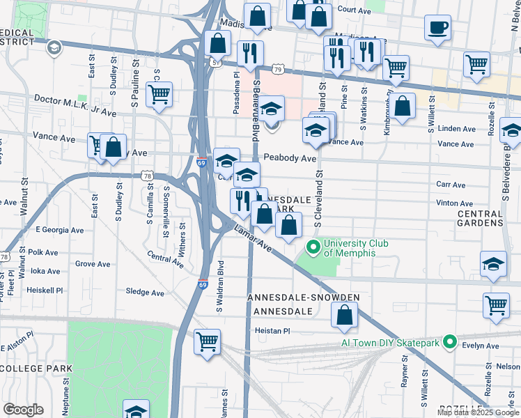 map of restaurants, bars, coffee shops, grocery stores, and more near 1228 Harbert Avenue in Memphis
