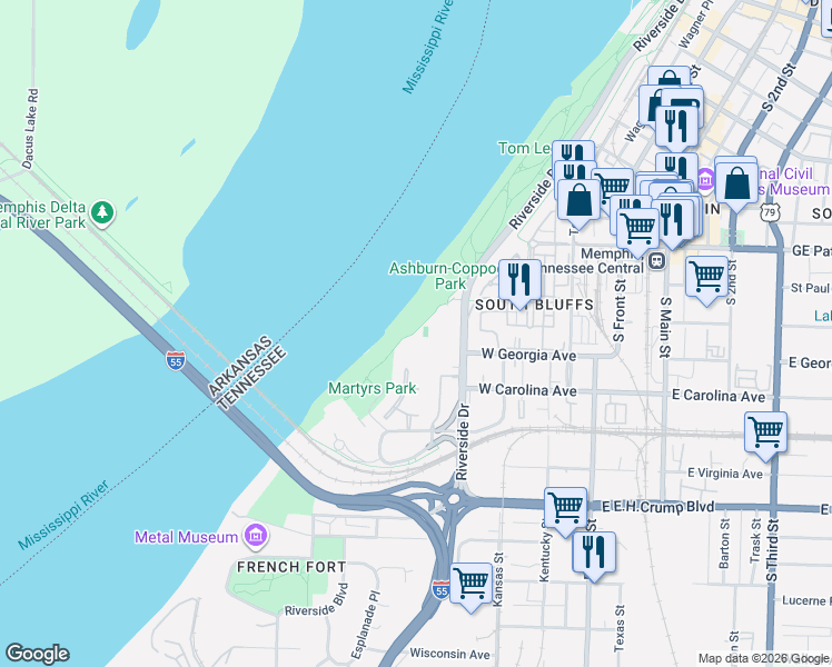 map of restaurants, bars, coffee shops, grocery stores, and more near 57 Founders Lane in Memphis