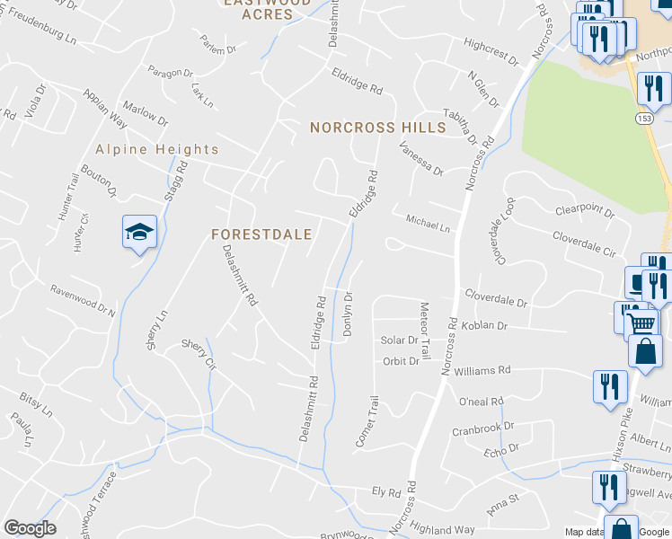 map of restaurants, bars, coffee shops, grocery stores, and more near 4706 Eldridge Road in Chattanooga