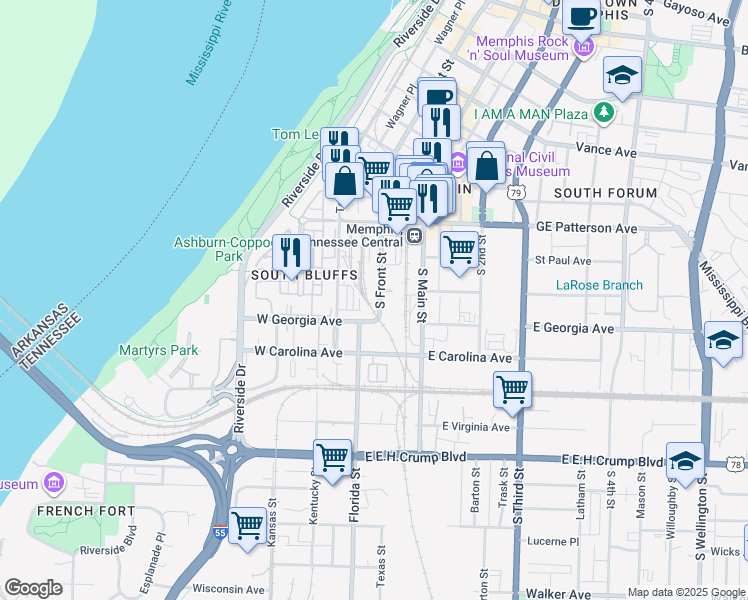 map of restaurants, bars, coffee shops, grocery stores, and more near 629 South Front Street in Memphis