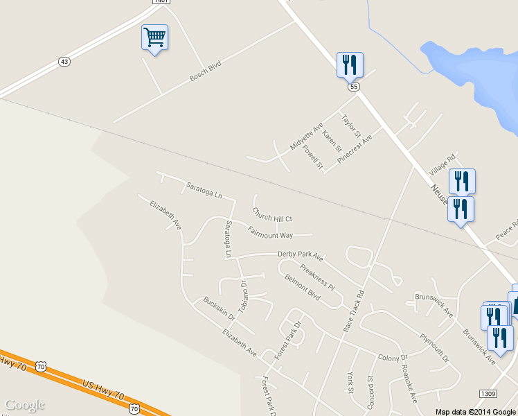 map of restaurants, bars, coffee shops, grocery stores, and more near 208 Church Hill Court in New Bern