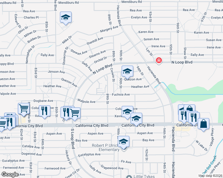 map of restaurants, bars, coffee shops, grocery stores, and more near 21247 Corwin Street in California City