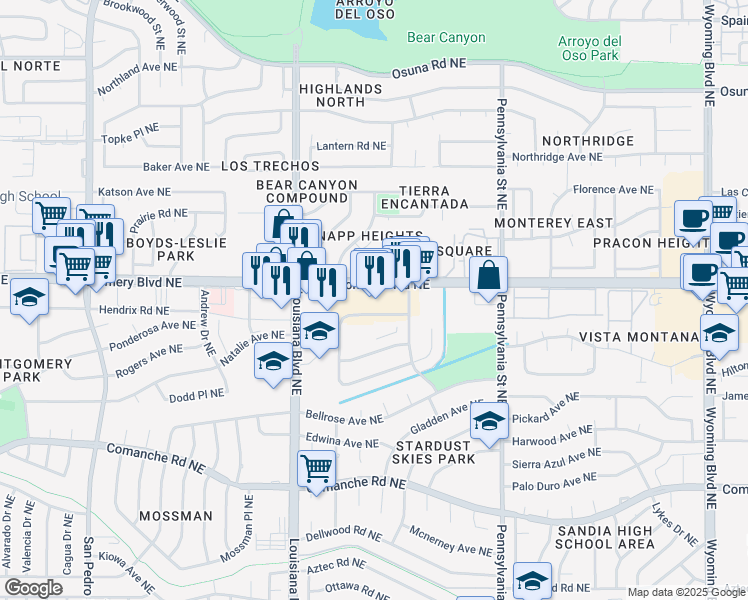map of restaurants, bars, coffee shops, grocery stores, and more near 7200 Montgomery Boulevard Northeast in Albuquerque