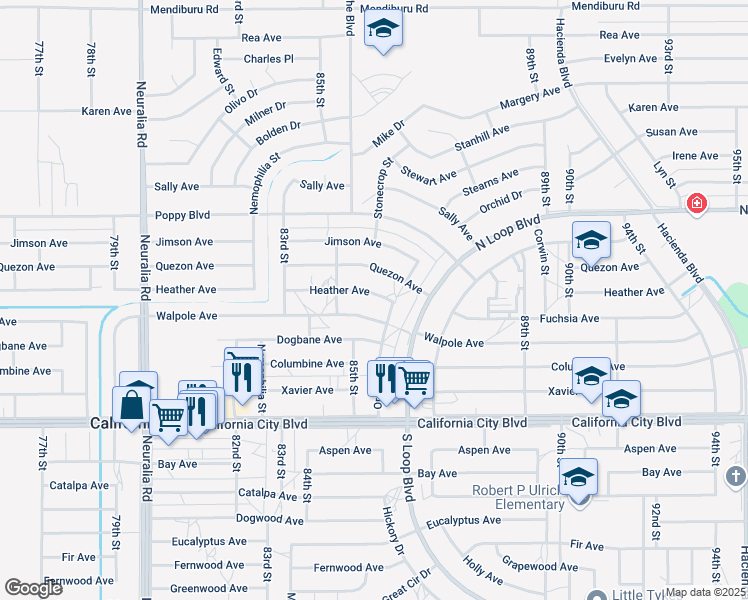 map of restaurants, bars, coffee shops, grocery stores, and more near 8548 Heather Avenue in California City