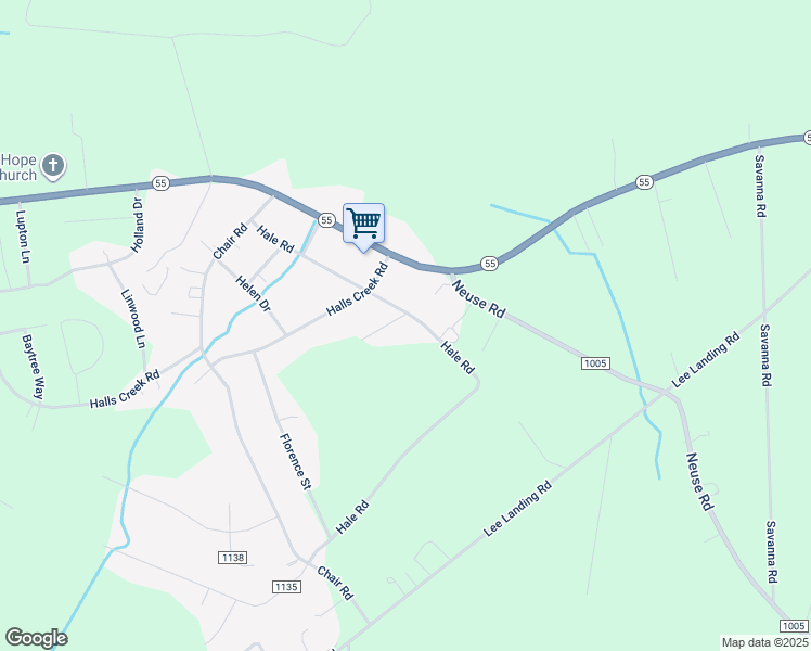 map of restaurants, bars, coffee shops, grocery stores, and more near 101 Hudson Lane in New Bern
