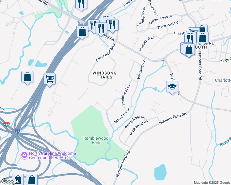 map of restaurants, bars, coffee shops, grocery stores, and more near 625 Sandyway Lane in Charlotte