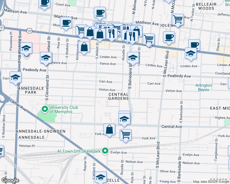 map of restaurants, bars, coffee shops, grocery stores, and more near 1629 Vinton Avenue in Memphis