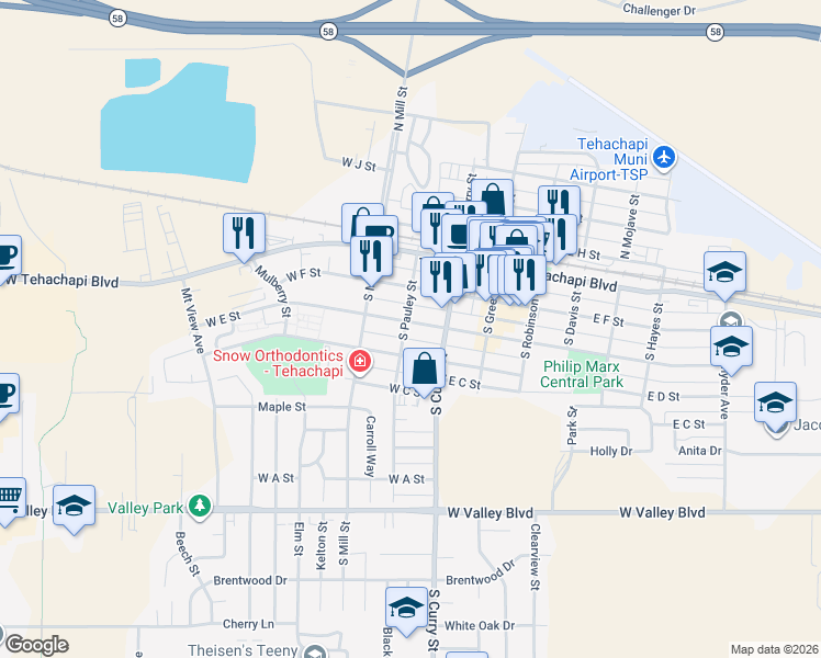 map of restaurants, bars, coffee shops, grocery stores, and more near 224 West E Street in Tehachapi