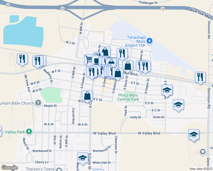 map of restaurants, bars, coffee shops, grocery stores, and more near 105 East E Street in Tehachapi