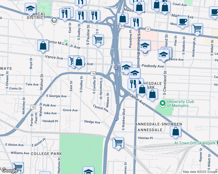 map of restaurants, bars, coffee shops, grocery stores, and more near 686 South Somerville Street in Memphis
