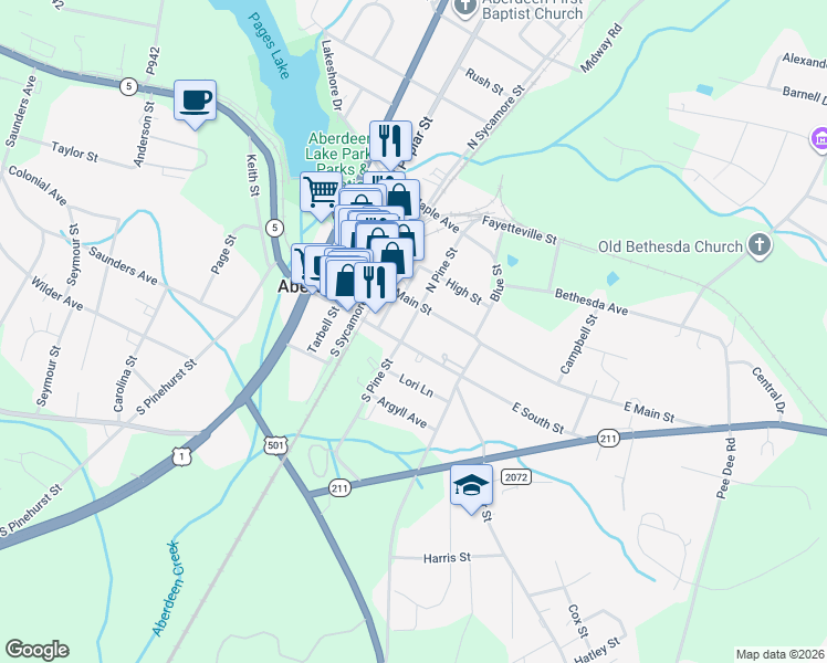 map of restaurants, bars, coffee shops, grocery stores, and more near 310 East Main Street in Aberdeen
