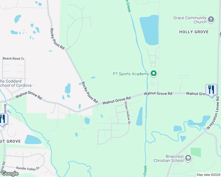 map of restaurants, bars, coffee shops, grocery stores, and more near 9582-9640 Walnut Grove Road in Shelby County