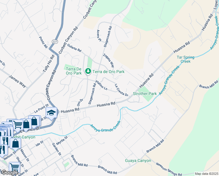 map of restaurants, bars, coffee shops, grocery stores, and more near 211 La Paz Circle in Arroyo Grande